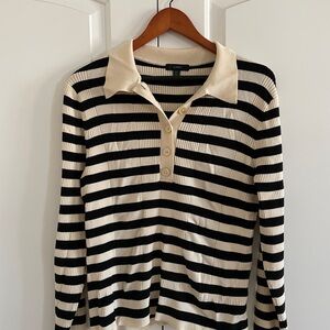 J. Crew Black and Cream Striped Collared Ribbed Sweater